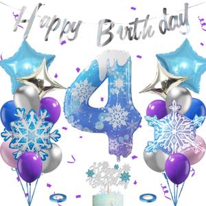 40 Inch Frozen Balloons number 4 Birthday Balloon,2 Giant snowflake foil balloons, 2 blue and silver star foil balloons Frozen Theme Party Supplies Winter Party Decoration For Girl's Birthday