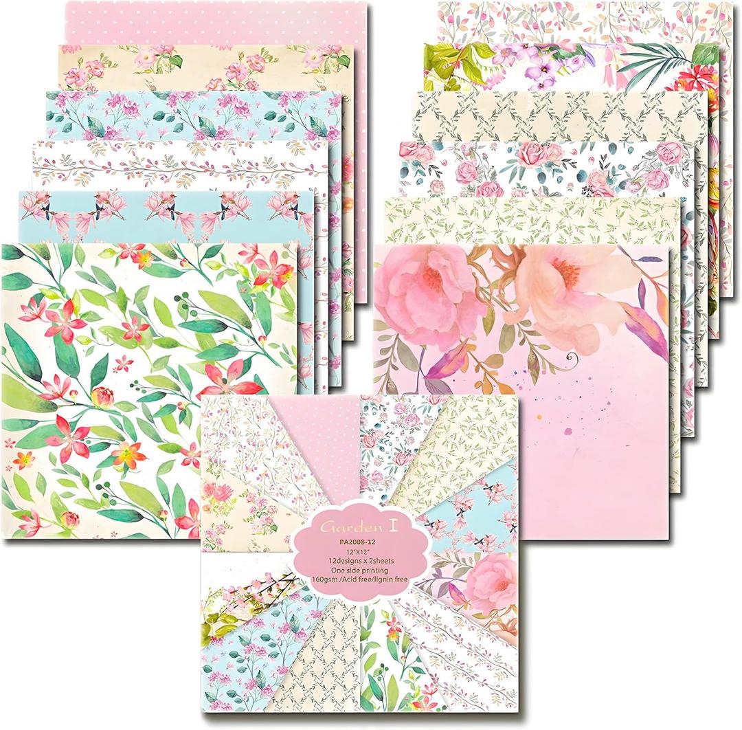 VIVIQUEN 24 Pack Pink Floral Scrapbook Paper, 12-inches Spring Garden Flower Botanical Single-Sided Specialty Craft Paper Folded Flat for DIY Background Card Art Photo Album Decor