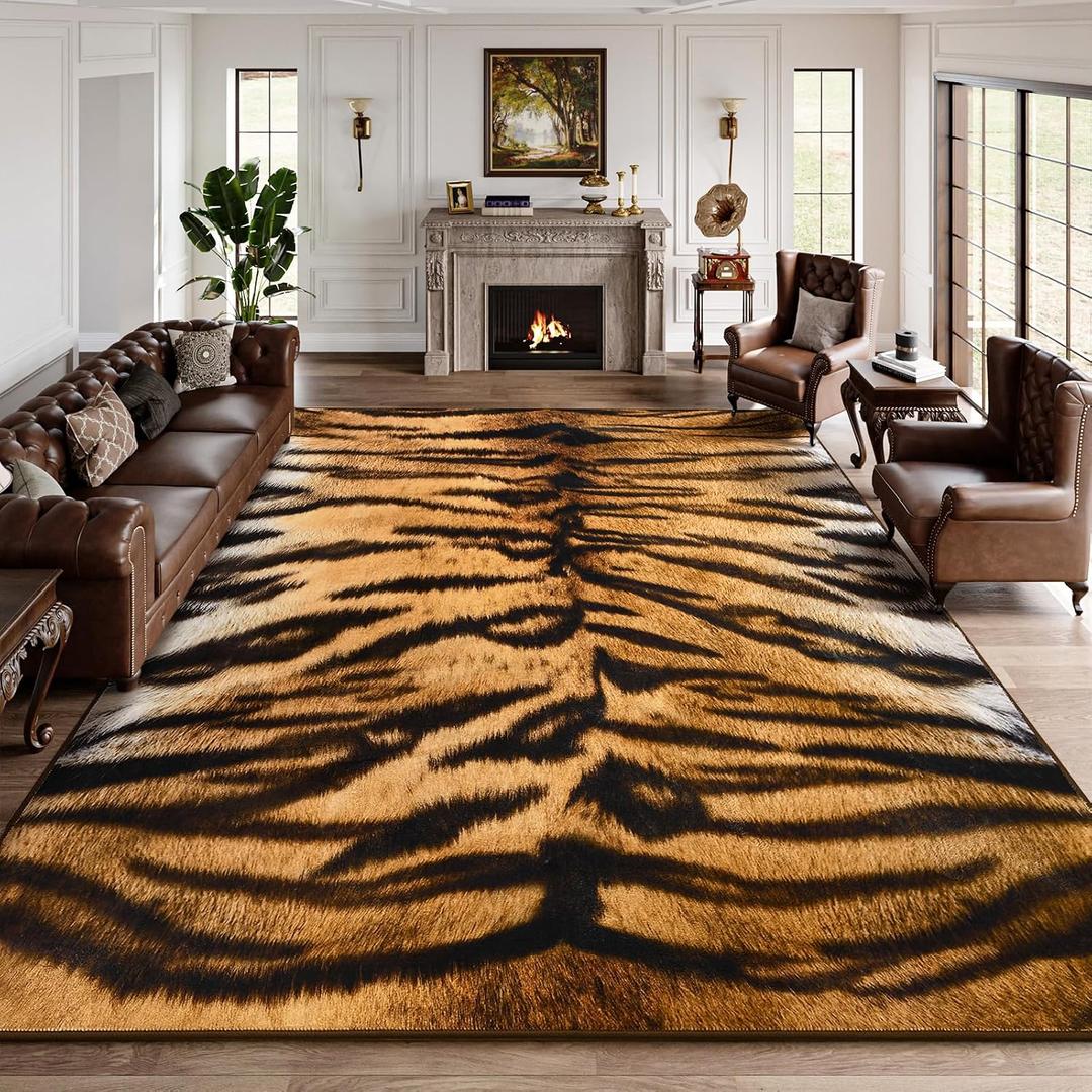 DweIke Tiger Rugs for Living Room, 8x10 Large Soft Faux Animal Tiger Print Area Rug, Washable Non-Slip Stain Resistant Throw Carpet for Dining Room Office Western Home Decor