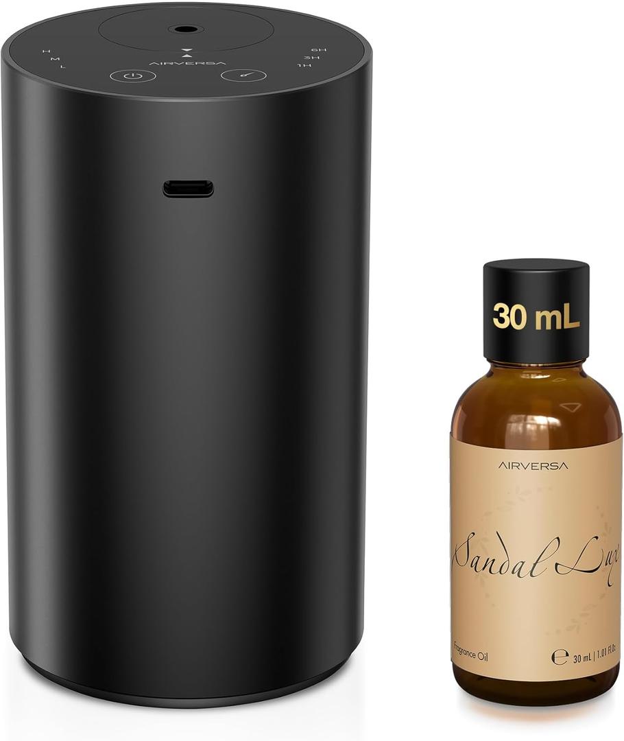 Airversa Waterless Essential Oil Diffuser Starter Kit with 30mL Sandal Lux Fragrance Oil Inspired by Luxury Hotel Scent for Home Car Office, Aroma Air Diffuser, Baterry Operated, ADX-Kit Metal Black