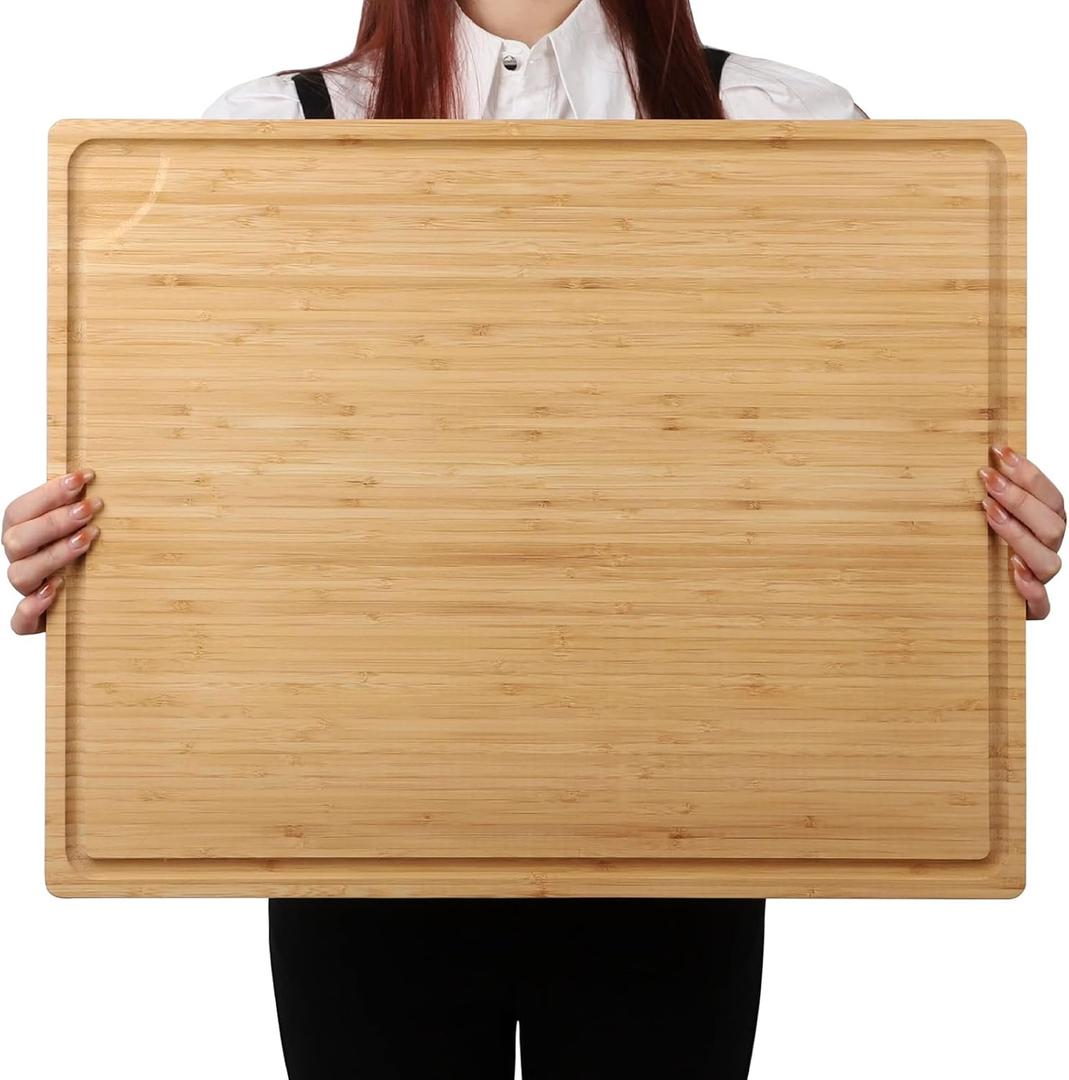 Extra Large 100% Organic Bamboo Cutting Board, 24x18 Inch Butcher Block Chopping/Carving Board with Handle and Juice Groove for Turkey, Meat, Vegetables, BBQ (XXL, 24" x 18" (24"L x 18"W)