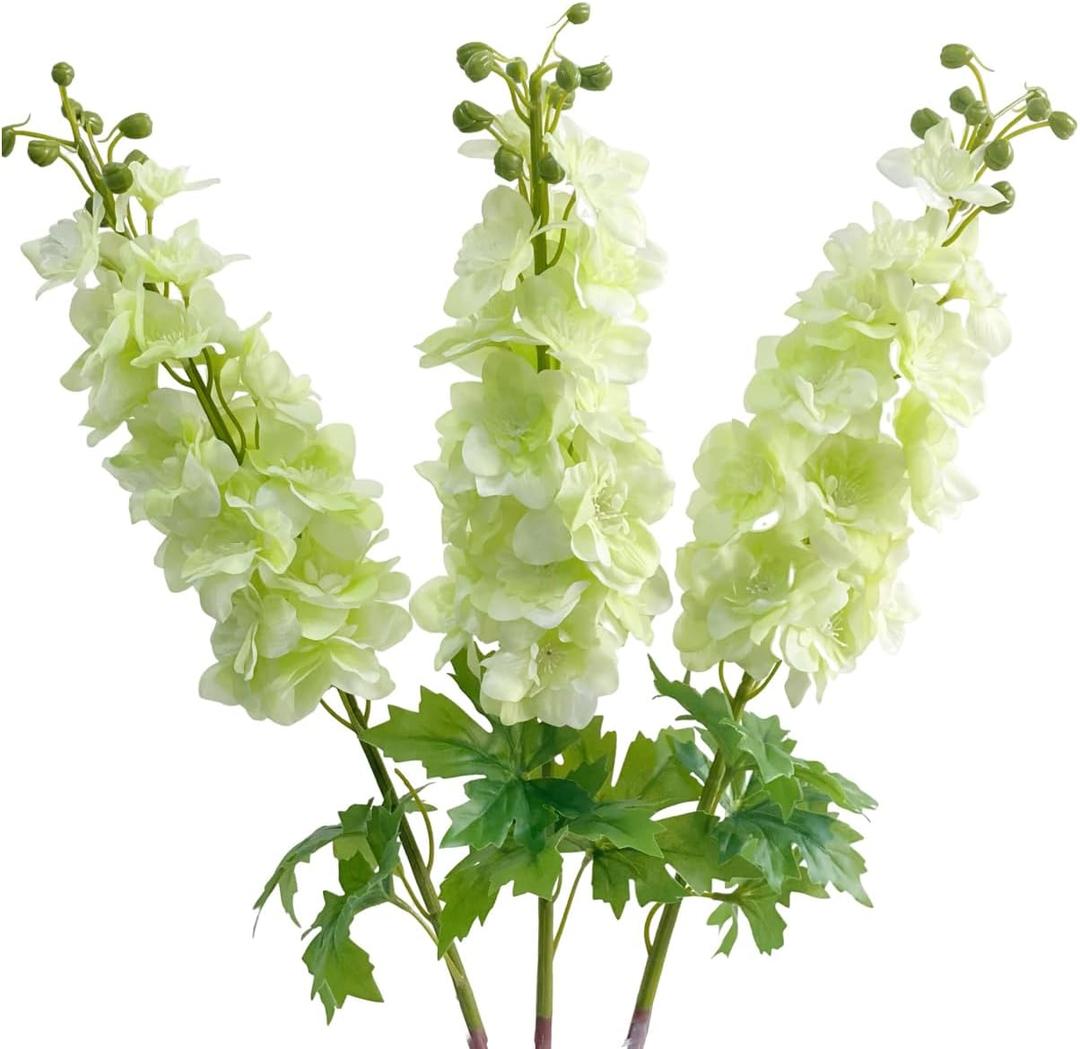 YalzoneMet 3Pcs Light Green Delphinium Artificial Flower Long Stem for Tall Vase 31.5'' Real Touch Fake Larkspur Latex Big Delphinium for Home Decor Floor Vase Flora Table Centerpiece