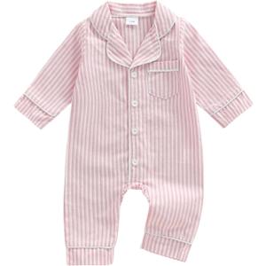 Kuriozud Baby Girl Boy Romper Pajamas Fall Winter Long Sleeve Button Down Pjs Newborn Infant Lapel Sleepwear Nightwear (6-12 Months, Striped Pink)