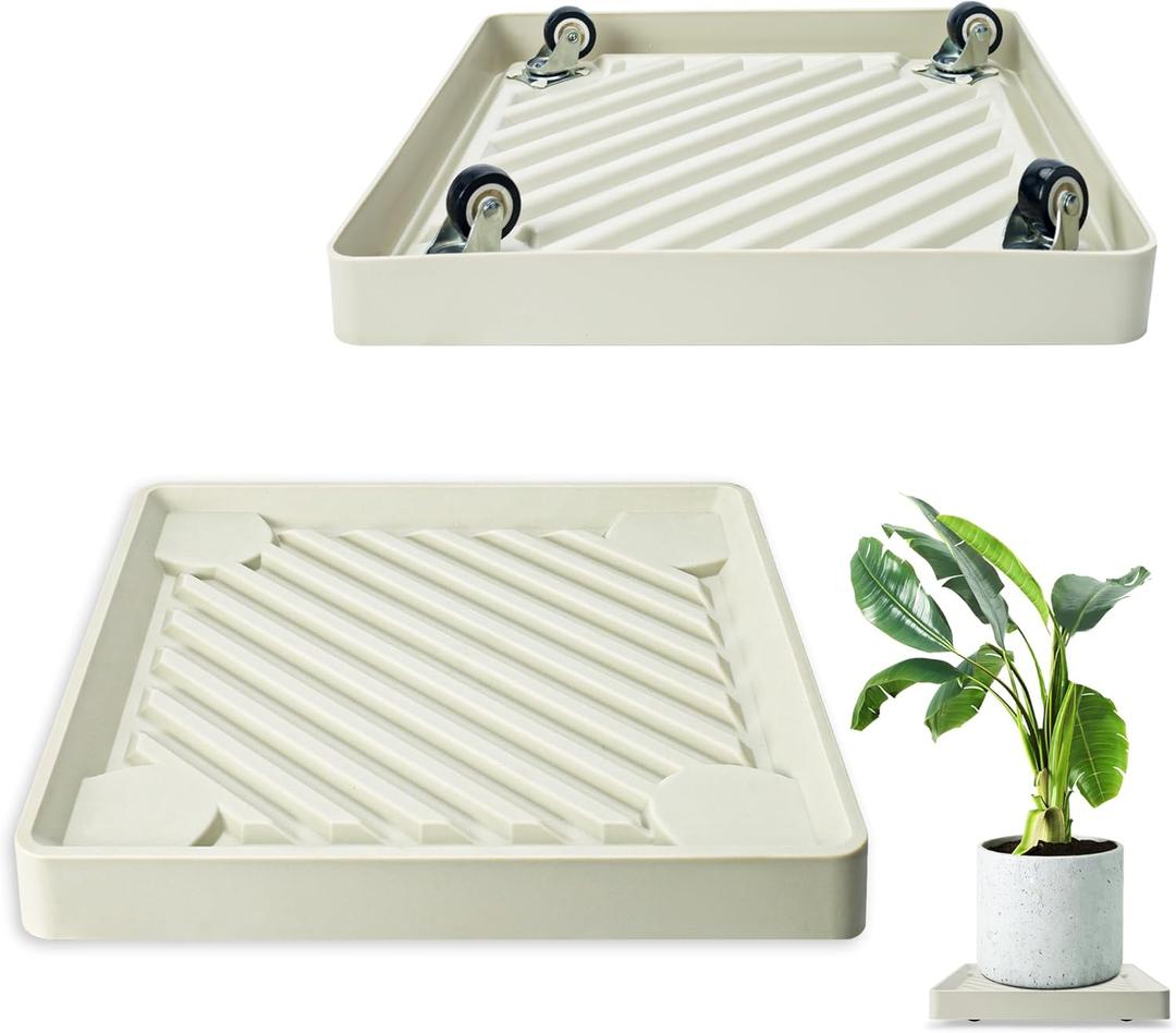 REDHUGO 2PCS Square Plant Caddy with Hidden Wheels, Heavy Duty Rolling Plant Stand Caddy with Wheels, Pot Base for Indoor Outdoor, Beige, 14 inches