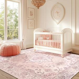 Area Rugs 6'x9' Washable Non-Slip, Floral Vintage Distress Print Pattern Medallion Carpet for Living Room Bedroom Dining Room, Pink Greypink Cute