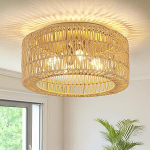 Rattan Light Fixtures Ceiling Mount,4-Lights Boho Flush Mount Ceiling Light with Hand-Woven Shade, 18''Rattan Farmhouse Chandelier for Hallway Bedroom Kitchen Farmhouse Foyer Entryway (Gold, Large)