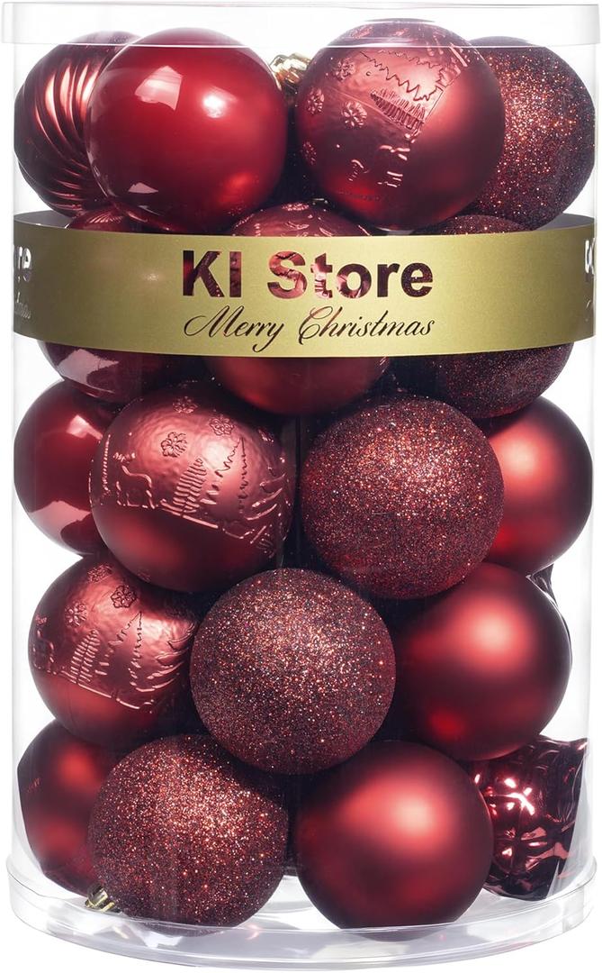 KI Store Burgundy Christmas Balls 34pcs 2.36-Inch Christmas Tree Decoration Ornaments for Xmas Tree Holiday Wreath Garland Decor Ornaments Hooks Included