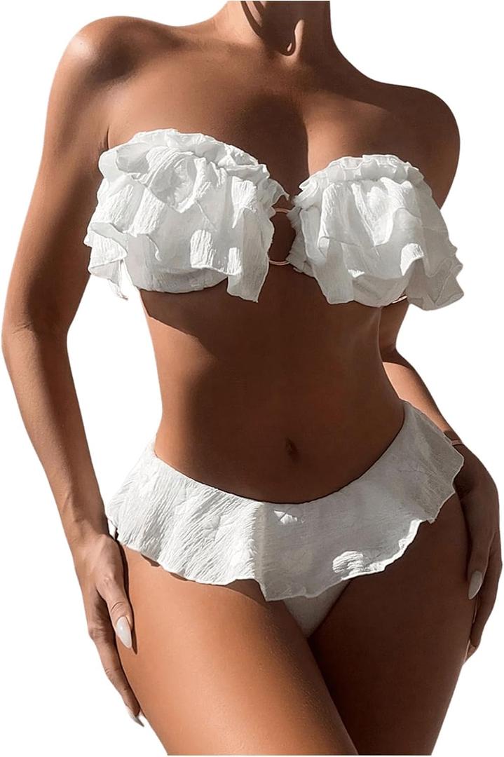 SweatyRocks Women's 2 Piece Bandeau Swimsuit Ruffle Trim Ring Bikini Set Strapless High Cut Bathing Suit (Medium, White)