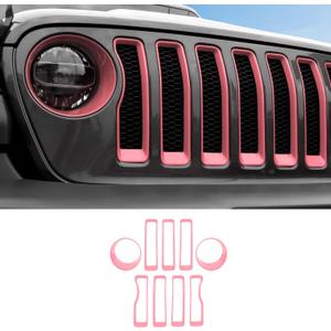 Grille Grill Inserts & Headlight Cover for 2018-2022 Jeep Wrangler JL Sport & Sport S ONLY (Pink)