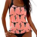 SHESHOW Cowgirl Style Tankini Swimsuits for Women Scoop Neck Ruched Blouson and Bottom 2 Piece Bathing Suits, Pink Cow,  XL