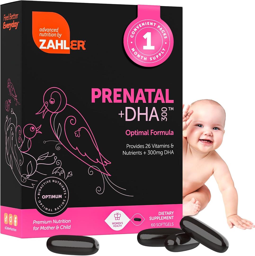 Zahler Prenatal +DHA 300 - Prenatal Vitamin with Methylated Folate & DHA for Pregnant Women - Support for Mom & Baby - Kosher, Gluten Free, Dairy Free - 60 Softgels (EXP 03/31/28)