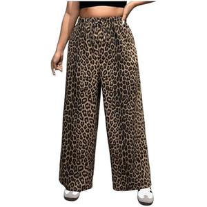 MakeMeChic Women's Plus Size Leopard Print Pants Drawstring Waist Wide Leg Loose Long Trousers 