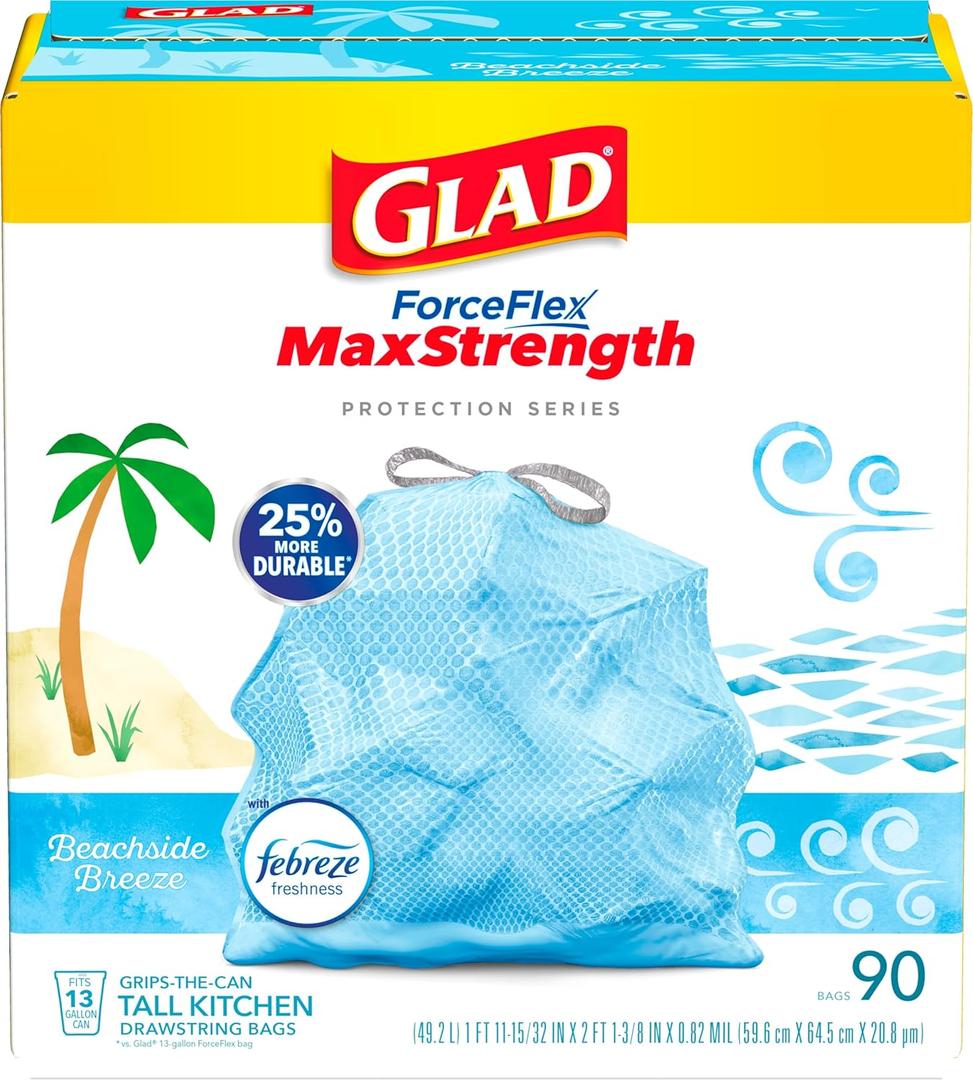 Glad Tall Kitchen Trash Bags 13 Gallon, Max Strength Beachside Breeze Garbage Bags, Drawstring, 90 Count
