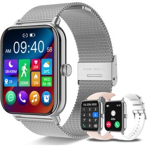 Smart Watch for Women Men(Answer/Make Calls) 1.85" HD Fitness Tracker Smartwatch for Android iPhone with Steps Tracking/Heart Rate/Sleep Monitor, 120+ Sports Modes IP68 Waterproof, Silver/3 Bands