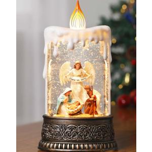 Nativity Christmas Snow Globe Candle, Angel Snow Globe Lantern with Music Timer Swirling Glitter, Christmas Decorations for Home Decor Festival Gife, USB & Battery Operated 10 Inch (Holy Family)