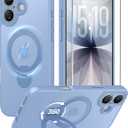 FNTCASE for iPhone 17 Case: [360 Spin Magnetic Stand] [Compatible with Magsafe] [Screen Protector] Translucent Matte Military Grade Shockproof Full Camera Protective Phone Cover - Light Blue