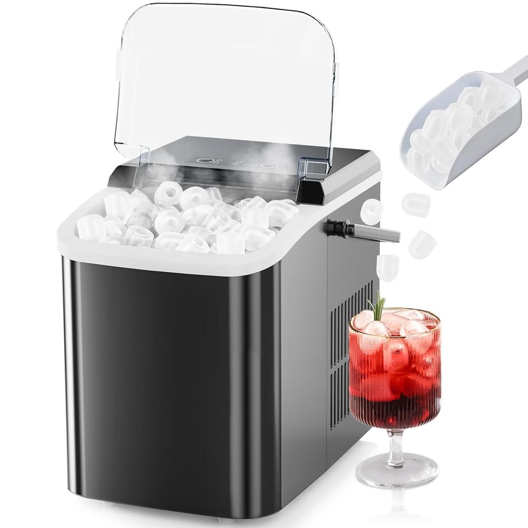 Sweetcrispy Countertop Ice Maker with Scoop, Basket and Handle, 9 Ice Cubes Machine Ready in 6 Mins, 26.5lbs in 24Hrs, 2 Sizes for Home Kitchen Office Bar Party(Black) (Pitch-Black)