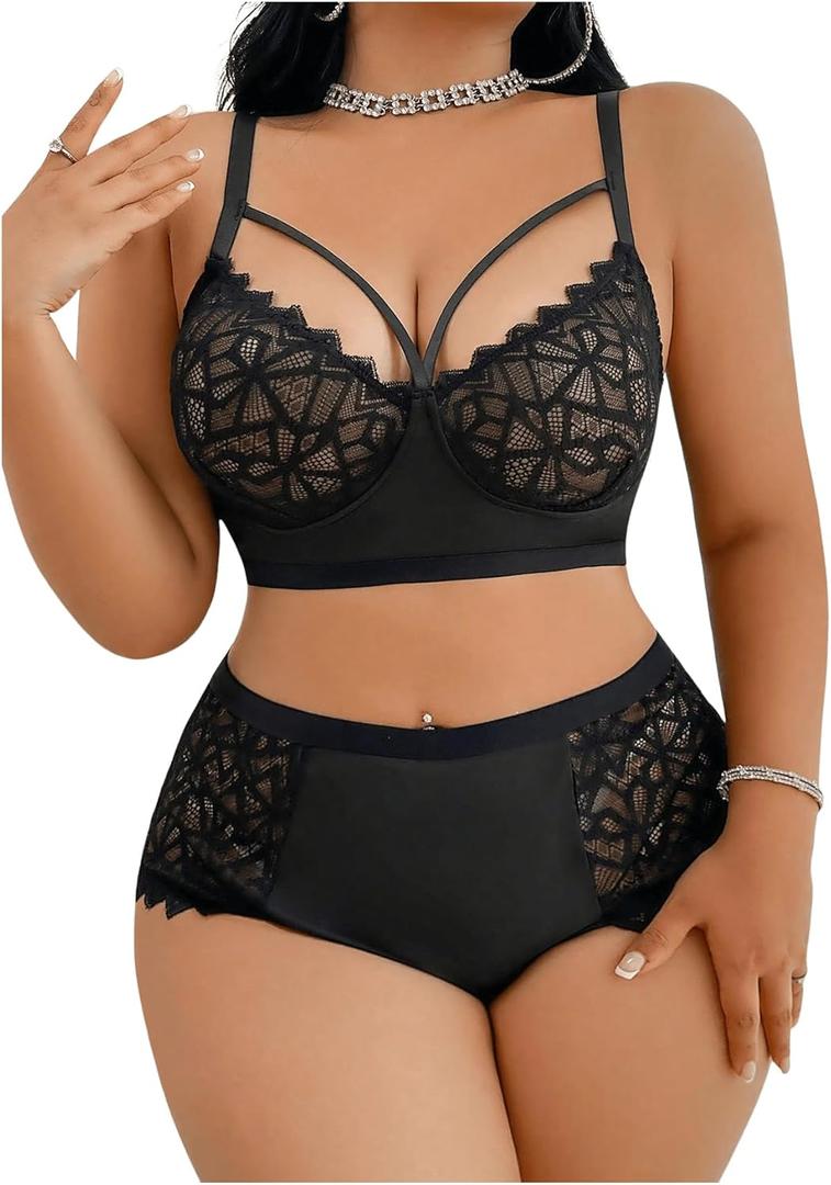 SOLY HUX Women's Plus Size Sheer Lace Lingerie Wireless Bra and Panty 2 Piece Underwear Set (3X-Large Plus, Pure Black)