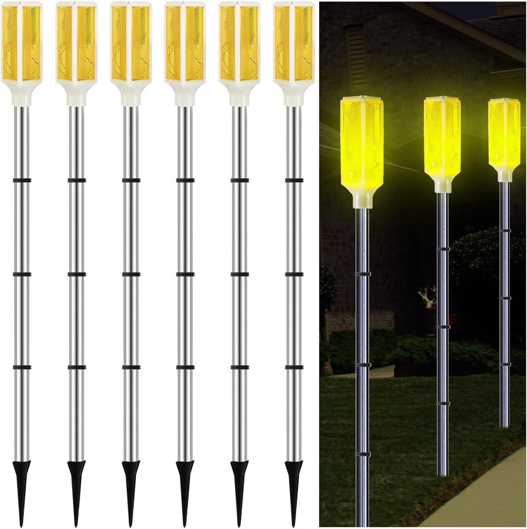 Macarrie 6 Pcs Solar Powered Driveway Markers Reflector Lights Landscape Driveway Reflectors on Poles for Snow Road Outdoor Yard (37 Inch,Yellow)