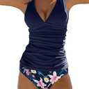Beachsissi Women's Cute Floral Print Swimsuits V Neck Tummy Control Tankini Set (Large)