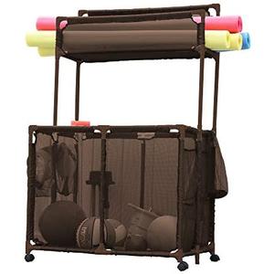 Essentially Yours Pool Storage Equipment Organizer Holder - Noodles, Toys, Balls and Floats Mesh Rolling Double Decker Bin, Large with Noodle Holder, (35.3" W x 23" L x 59.4" H), Brown Style 561935