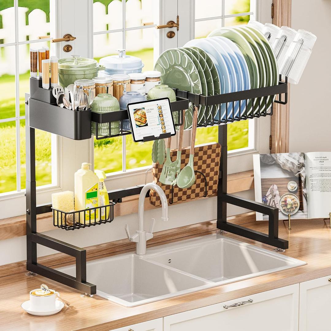 ADBIU Over The Sink Dish Drying Rack (Expandable Height and Length) Snap-On Design 2 Tier Large Dish Rack, Size: 22.6" - 35.5"(L) x 12"(W) x 19" - 22"(H)
