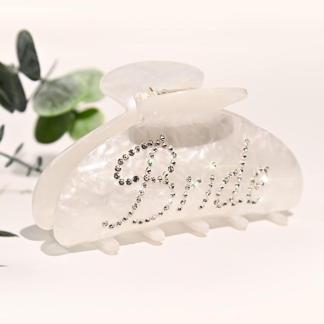 Bride Claw Hair Clip, Aileam White Acrylic Hair Clip Banana Barrettes, Rhinestone Bride Logo, Bachelorette Party Decorations Bridesmaid Gift Shower Wedding