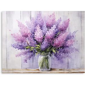 Rustic Lavender Wall Art Country Floral Canvas Prints Botanical Wall Art Watercolor Flower Bathroom Wall Decor Painting Purple Canvas Wall Art Modern Artwork for Bedroom Framed 16" x 24"