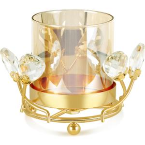 Hurricane Candle Holder, Gold Pillar with Crystal Accents & Windproof Glass Lid - Elegant Centerpiece for Weddings, Dinners, Party Decor