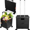 Foldable Utility Cart Folding Portable Rolling Crate Handcart with Durable Heavy Duty Plastic Telescoping Handle Collapsible 4 Rotate Wheels for Travel Shopping Moving Luggage Office Use, Black
