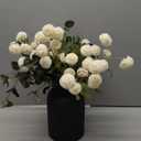 BLOSMON Fake Flowers in Vase for Centerpieces: Metal Vase with 12 Stems of Artificial Mums Kiku Flowers Eucalyptuses Dining Table Decor - White Faux Silk Pom Poms Floral Arrangements for Home Indoor [16.9"L x 16.9"W x 19.7"H]