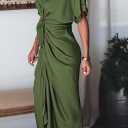 Women Elegant Satin Button Down Short Sleeve Maxi Shirt Dress with Belt (Small, 01-army Green)