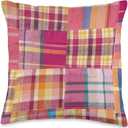 Cute Preppy Madras Plaid Patchwork Summer Pattern Throw Pillow, 16x16