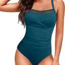 HEYTALALA Women's One Piece Swimsuit Tummy Control Bathing Suits Sexy Mesh Swim Suits Crisscross Back Modest 1 Piece Swimwear (Peacock Blue, XL)