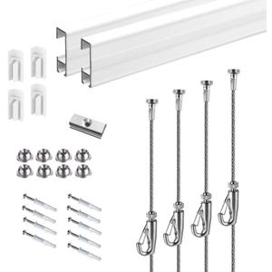 Picture Hanging Systems, for Art Galleries, Home, Two 48inch Rails, Click Rail Kits (2 White Rails 4 Steel Cables & 4 Hooks)