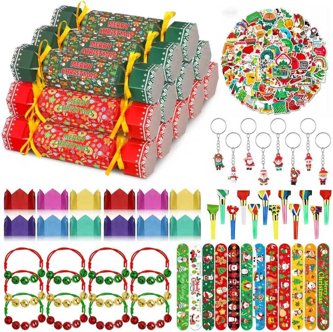 122 Pcs Christmas Crackers Set for Chrismas Party Favors Supplies, No- Snap Christmas Crackers with Gifts Includes Holiday Candy Box, Stickers, Keychains, and Small Stuff Xmas Holiday Dinner