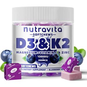 Nutravita Sugar-Free Vitamin D3 K2 Chews with Calcium + K2 (MK-7), Magnesium Citrate, Vitamin C, Extra Strength - Ultimate Absorption for Bone Muscle Teeth Immune, Vegan - 60 Count-Blueberry Flavor
