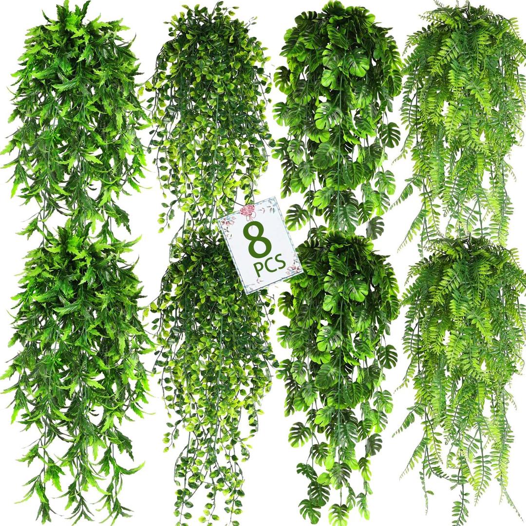 8 Pack Artificial Hanging Plants Fake Greenery Plants Fake lvy Vine for Home Wall Garden Indoor Outdoor Decoration (31'' Faux Boston Ferns,Palm Leaves)