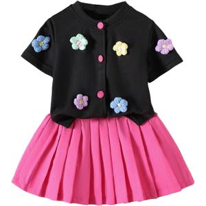 Girl's 2 Piece Summer Outfits Cute Floral Applique Short Sleeve Knitted Top and Pleated Skirt Set (Pink), 4Y