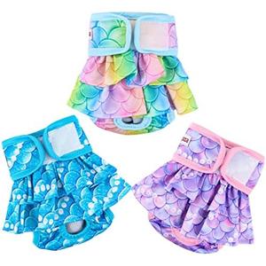 Fuz Bigaza Dog Diapers Female (3 Pack), Reusable Pet Diapers for Female Dogs, Washable Dog Panties Diaper Skirt for Dogs in Heat, Period, Incontinence, or Excitable Urination(Medium, Mermaid)