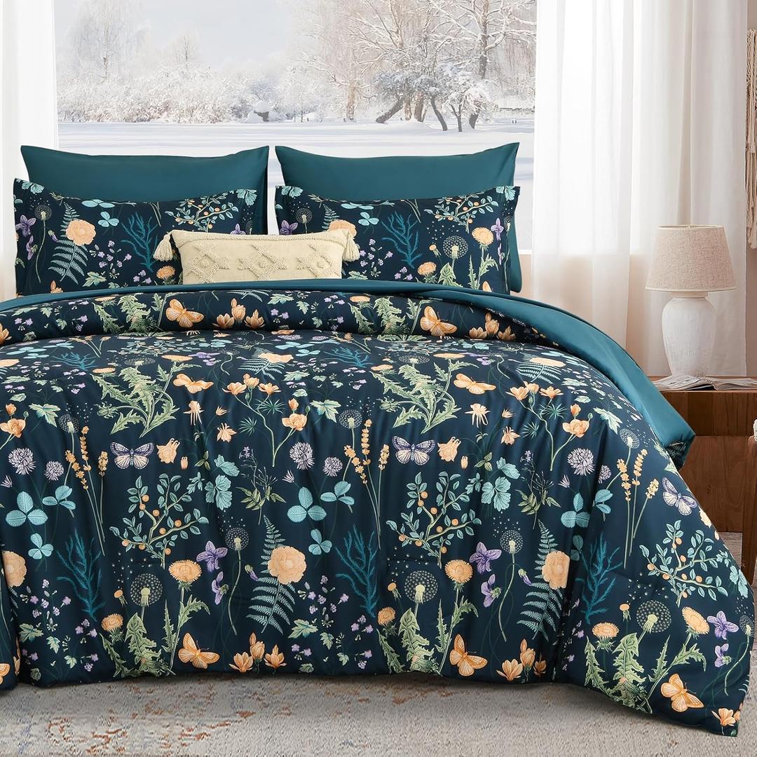 Yiran King Size Comforter Set 7 Pieces, Peacock Blue Botanical Floral Winter Comforter Bedding Set, Bed in a Bag King, Soft Microfiber Complete Bedding Set with Sheets for All Season (King (104"x90"))