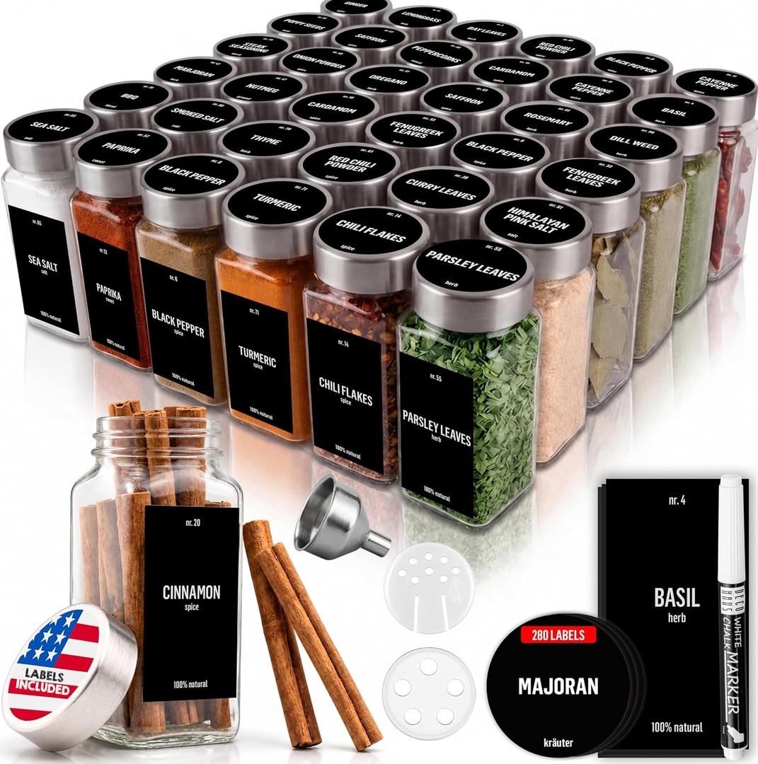 Deco haus Glass Spice Jars with Lids 36x4oz - Spice Containers +280 Labels, 36 Set