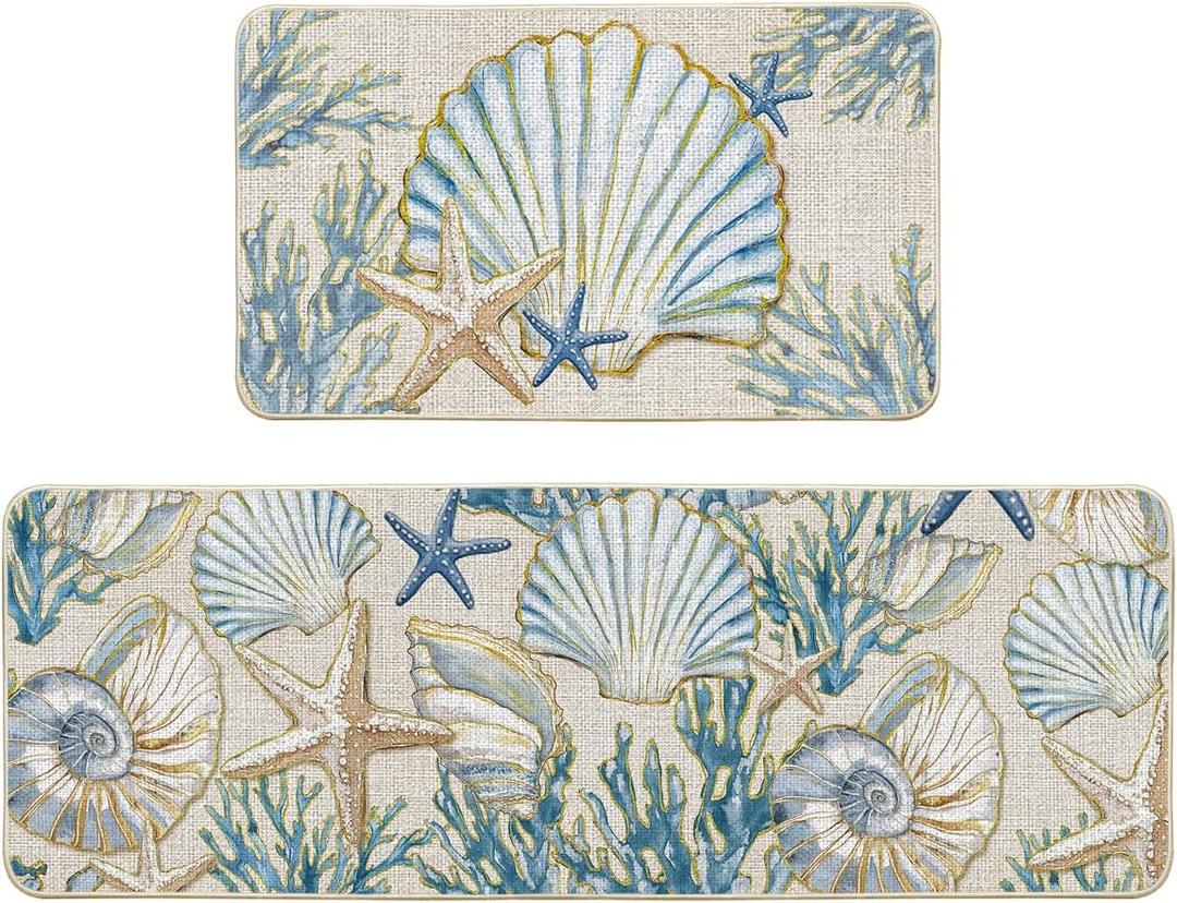 Artoid Mode Sea Shell Starfish Coral Whelks Summer Kitchen Mats Set of 2, Ocean Seasonal Sports Home Decor Low-Profile Kitchen Rugs for Floor - 17x29 and 17x47 Inch