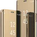 17 Pro Max Case Compatible with iPhone 17 Pro Max 5G Cell Phone Case with Kickstand, PU Leather, Clear View Makeup Mirror Flip Cover, Shockproof Protective Cover for iPhone 17 Pro Max 5G (Gold)