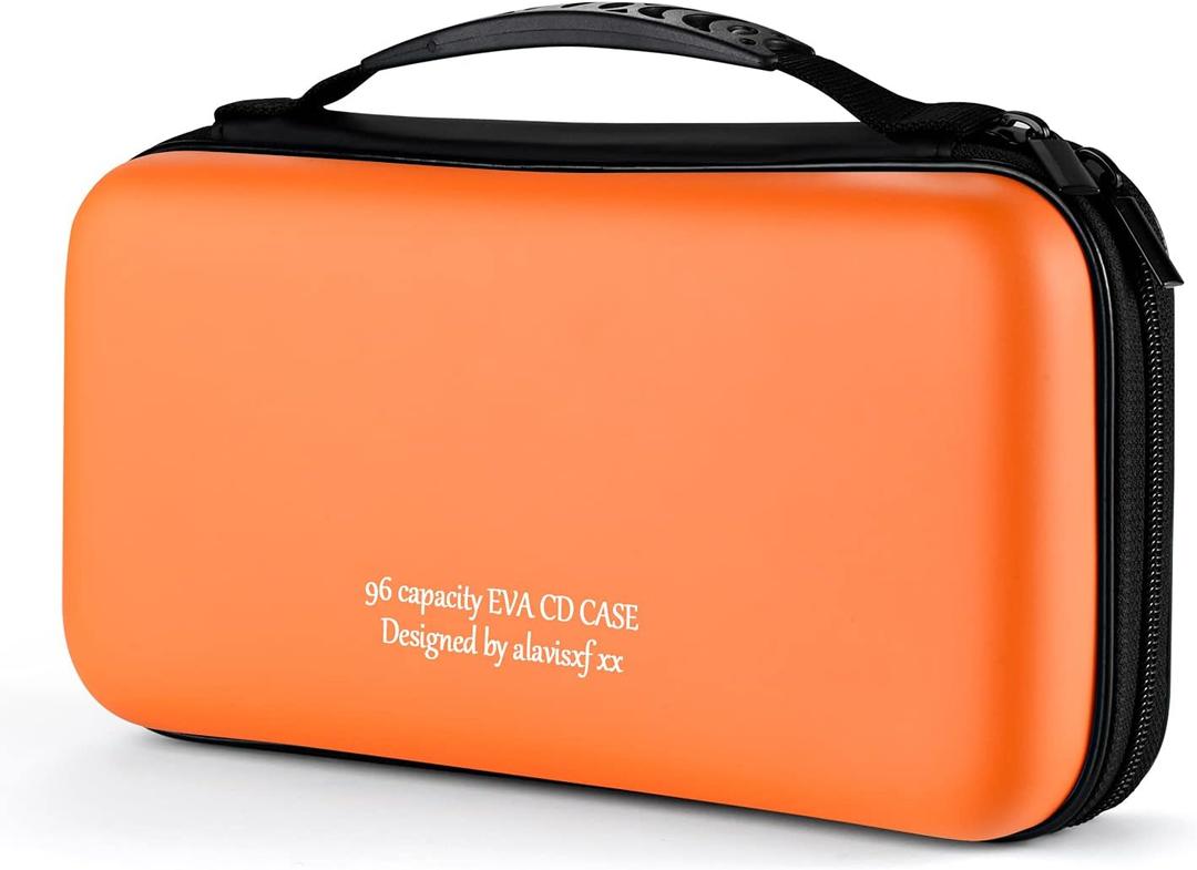 alavisxf xx CD Case, 96 Capacity EVA Protective Blu-ray DVD Case Portable Zipper CD Case Holder Disc Storage Organizer Wallet Bag for Car Home Travel (96 Capacity, Orange96)