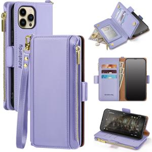 Antsturdy Compatible with iPhone 11 Pro Max Wallet Case,RFID Blocking PU Leather Phone Case Women Men flip Shockproof Cover Wrist Strap Zipper Credit Card Holder Slots,for Apple 11 ProMax,Light Purple