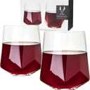 Viski Raye Faceted Crystal Wine Glasses Set of 2, No-Lead Premium Crystal Clear Glass, Modern Stemless, Wine Glass Gift Set, 20 oz
