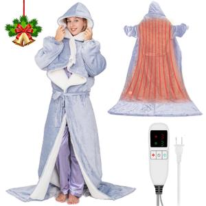 Electric Heated Blankets Hoodie for Women with Removable FootPocket,Wearable Heated Blanket Throw with Sleeves Heated Robe Flannel&Sherpa Heating Wrap Poncho Shawl with 9 Temp 50"x80" (Light Grey)