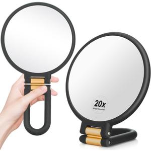 1x 20x Magnifying Travel Mirror, Hand Mirror with Handle - Double Side Hand Held Mirror with 1x 20x Magnification & Foldable Handle, Portable Travel Makeup Hand Mirror for Women (Black)