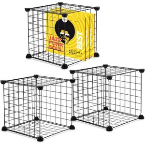 3 Sets Vinyl Record Storage Cube Record Holder Shelf for LP Album Storage DIY Stackable 12 Inch 90 Records 13 x 13 x 13 Inch Mesh Metal Storage Cube Collapsible Vinyl Record Organizer